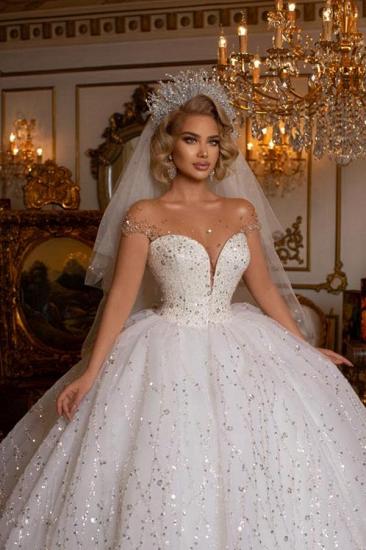 Beauty Off Shoulder Sweetheart Sleeveless Ball Gown Wedding Dress With Glitter_4