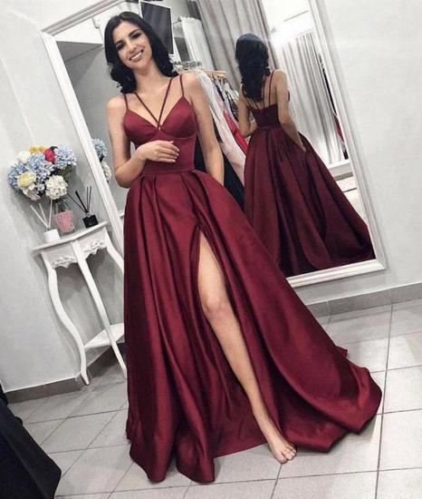 Sexy Sleeveless Front Split Prom Gown | Burgundy Spaghetti-Straps A-Line Evening Dress_2
