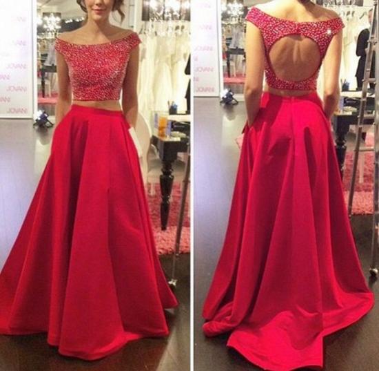 2022 Red Two Piece Off Shoulder Prom Dress Back Hole Bateau A-line Evening Dresses with Pocket_4