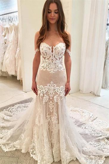 Glamouröses schulterfreies Brautkleid mit Spitzenapplikationen | Schatz-Meerjungfrau-Rüschen-Hochzeitskleid_1