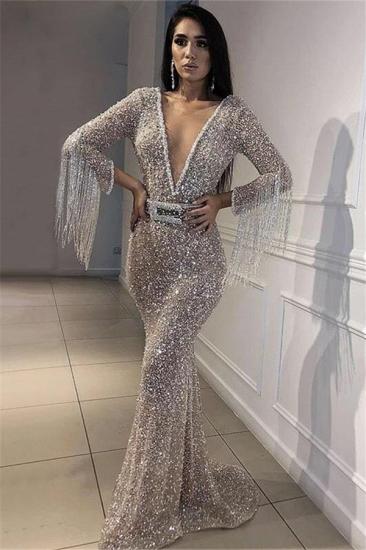 Luxury Deep V-Neck Mermaid Evening Dresses | 2022 Long Sleeves Sequins Crystal Prom Dresses with Tassels_3