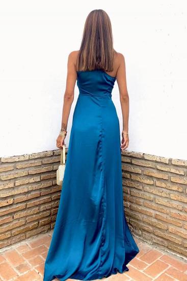 Blue One shoulder A-line Satin Prom Dresses_2