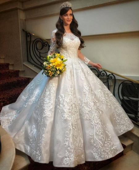 Elegant  White Crew Neck Aline Wedding Dress with Lace Appliques_2