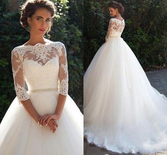 Princess Lace Half Sleeves Elegant 2022 Ball Gown Wedding Dresses_3
