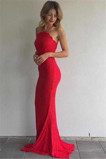 2022 Simple Red Lace Prom Dresses Sheath Spaghetti Straps Evening Gowns