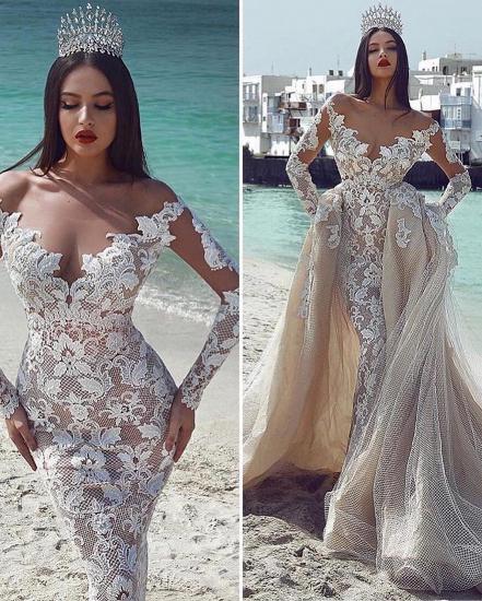 2022 Long-Sleeves Appliques Charming V-Neck Wedding Dresses | Detachable Tulle Dresses_2