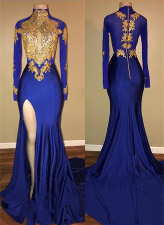Royal Blue High Neck Mermaid Prom Dresses 2022 Long Sleeves Side Slit Appliques Evening Dresses_2