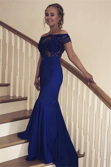 Sexy Off the Shoulder Mermaid Prom Dress | Navy Blue Appliques Evening Gowns