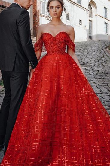 Einzigartiges rotes schulterfreies Sparkle Puffy Evening Dress