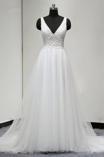 TsClothzone Chic Straps V-Neck White Tulle Lace Wedding Dress Sleeveless Ruffles Bridal Gowns On Sale