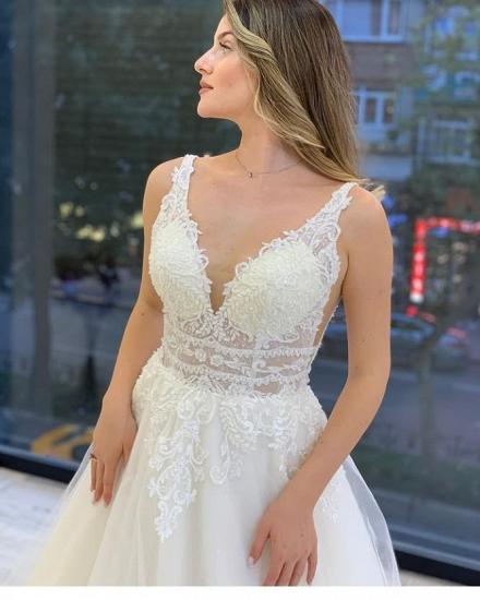 Sleeveless V-Neck A-line Wedding Dress Tulle Bridal Dress with Belt_3