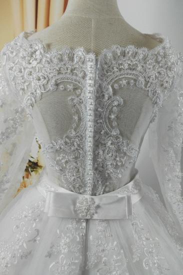 TsClothzone Wunderschönes Tüll-Spitze-Weiß-Hochzeitskleid mit langen Ärmeln, Applikationen, Brautkleidern mit Perlen_5