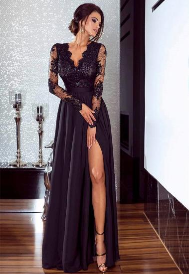 Trendy Long Sleeve Front Split Lace Prom Dress_1