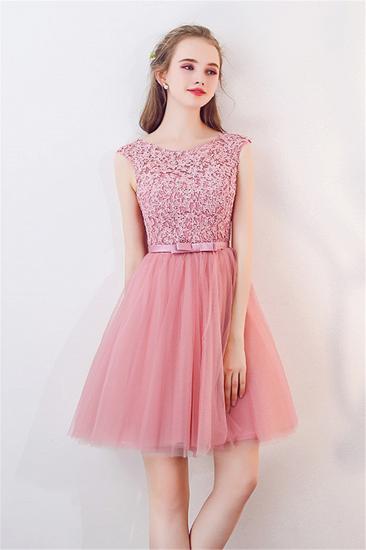 Tulle Short Sleeveless Lace Bowknot Pink Homecoming Dresses_1