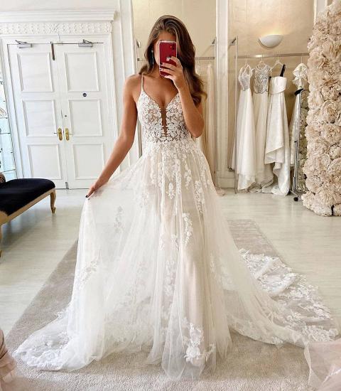 V-Neck Spaghetti Tulle Lace Applique A-line Bridal Wedding Dress_2