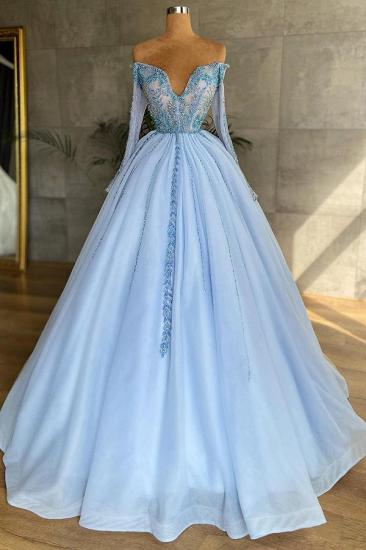 Wunderschöner Schatz mit langen Ärmeln Prinzessin Partykleid Himmelblau Perlen Blumenspitze Applikationen