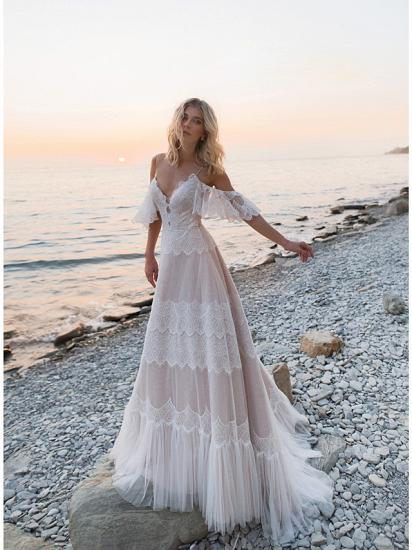 A-Line Wedding Dress V-neck Lace Tulle Short Sleeve Bridal Gowns Illusion Detail Backless with Sweep Train