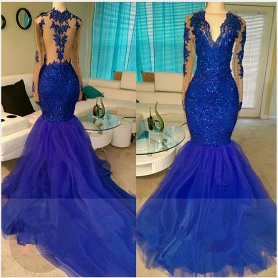 Royal-Blue Long-Sleeve Beading Sequins V-neck Appliques Mermaid Tulle Prom Dresses_2