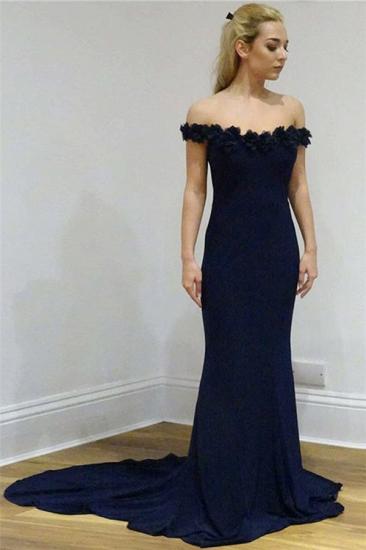 2022 Dark Navy Sheath Cheap Evening Dresses | Off Shoulder Flowers Sexy Lace Prom Dresses Online_1