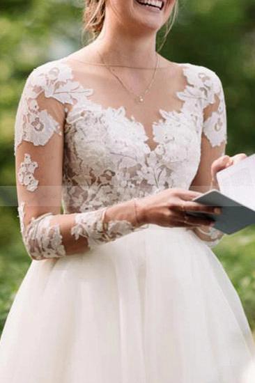 Charming White Floral Lace Wedding Dress Tulle Long Sleeve Garden Bridal Dress_3