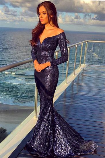Off The Shoulder Sequins Wholesale Evening Dresses  | Long Sleeves Fit and Flare Formal Prom Dresses_2