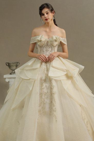 Gorgeous Off-the-Shoulder Floral Appliques Ball Gown Ivory aline Bridal Gown_3