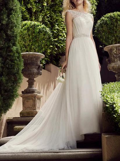A-Line Wedding Dress Jewel Tulle Polyester Sleeveless Bridal Gowns Country Plus Size with Court Train