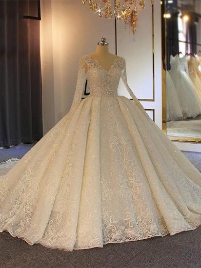 Shimmery Beads V-neck Long Sleeve Wedding Dresses | Sheer Tulle Lace Appliques Ball Gown Bridal Gowns_1
