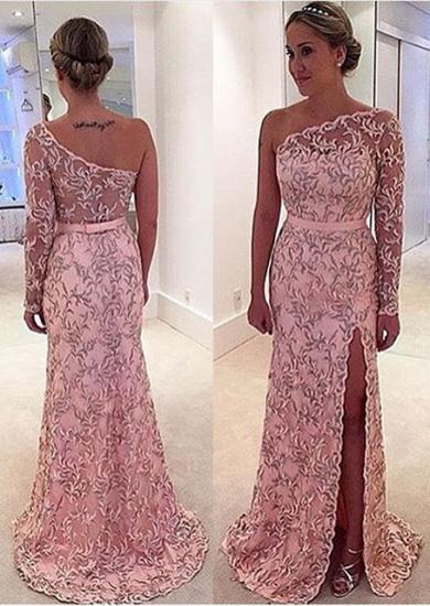 One Shoulder Long Sleeve Leaf Pattern Pink Long Prom Dress 2022