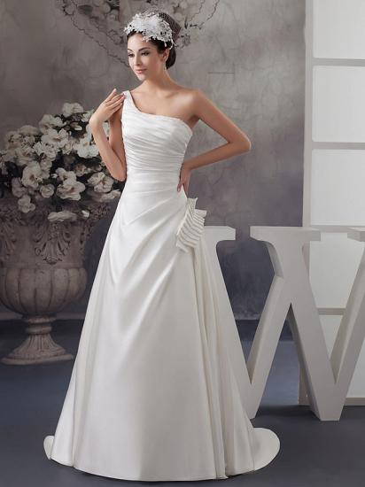 A-Line Wedding Dress One Shoulder Satin Spaghetti Strap Bridal Gowns with Sweep Train