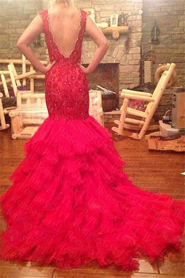 Beadings V-Neck Mermaid Sleeveless Red Tiered Prom Dress_2