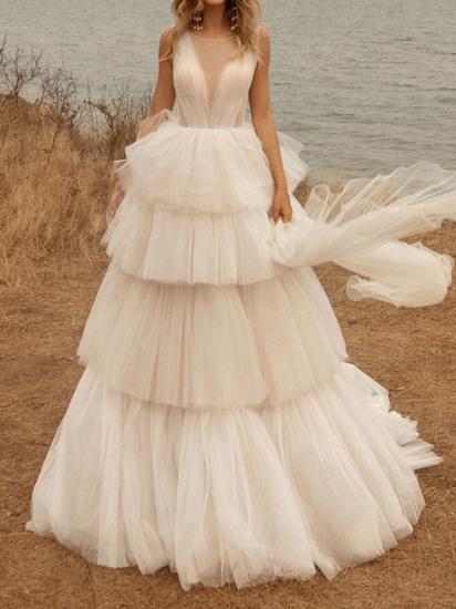 A-line wedding dress gemstone tulle polyester sleeveless bridal gown country plus size