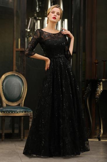 Acacia | Scoop neck Long Sleeves Black Prom Dresses with Sparkly Floral Designs