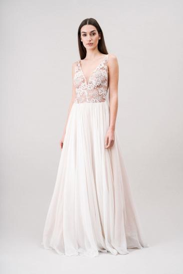 Lace Appliques V-Neck Sleeveless Backless Custom Tulle Wedding dress_1