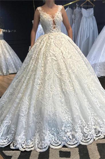Sleeveless Lace Appliques Beading Wedding Dresses | V-Neck Strap Ball Gown Bridal Dresses_1