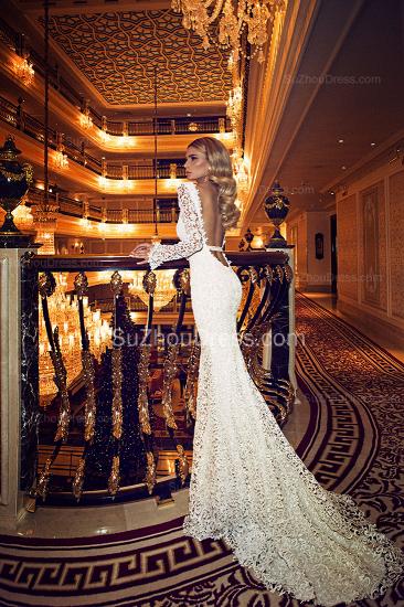 Sexy V-Neck Backless Lace Wedding Dresses 2022 Long Sleeve Mermaid Bridal Gowns with Bowknot_4