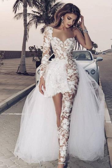 Elegant Lace Jumpsuit Asymmetirc See-through Overskirt White Wedding Dress