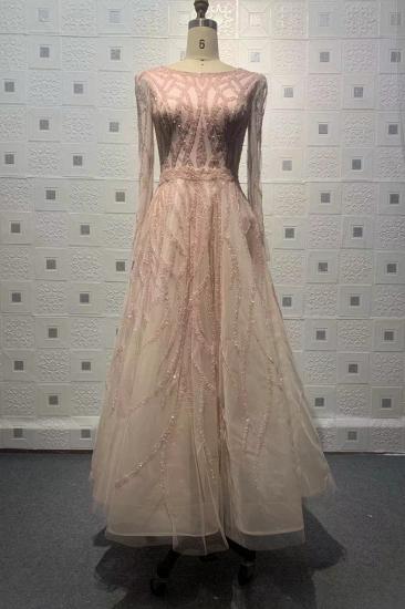 Elegantes und edles A-Linie Rosa Langarm Bodenlanges Abendkleid | Transparentes Langarmkleid