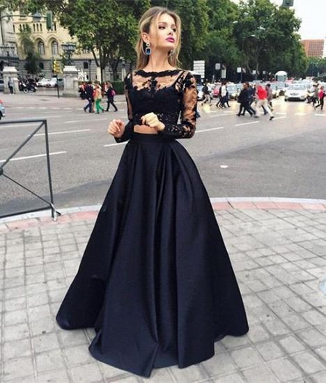 Black Two-Piece A-line Long-Sleeves Long Prom Dresses_1
