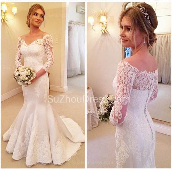 Sexy Mermaid V-Neck 3/4 Long Sleeve Wedding Dress White Lace Plus Size Bridal Gowns_3