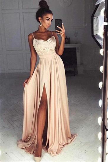 Straps Front Slit Sexy Prom Dress Lace Cheap Champagne Long Evening Dress 2022