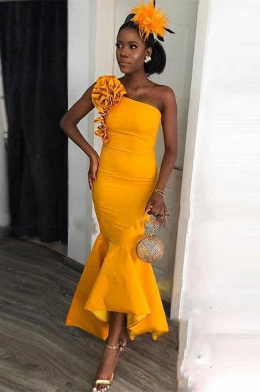 One-shoulder Yellow Mermaid Ankle-length Evening Dress with hand-made Flowers | Bridesmaid Dresses under $100