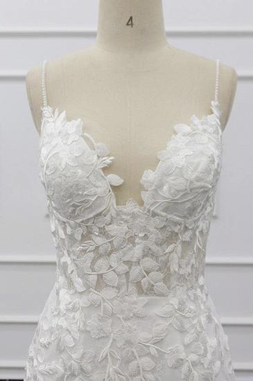 Schicke Spaghetti-Träger Ärmelloses Meerjungfrau-Hochzeitskleid | Brautkleider aus weißer Spitze mit Applikationen_6
