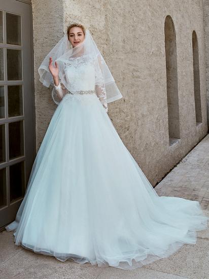 Beautiful Ball Gown Wedding Dress Bateau Lace Tulle Long Sleeves Bridal Gowns with Chapel Train_11