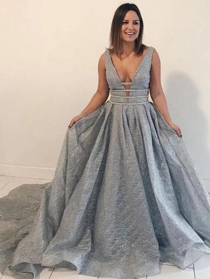 Sexy Sparkling V Neck Sleeveless Princess Party Dresses With Crystal Waistband | A Line Open Back Evening Gowns_4