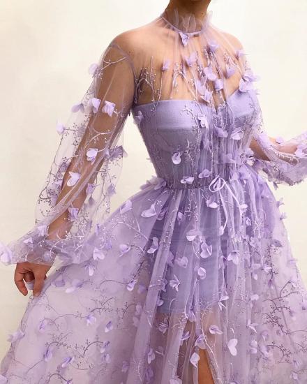 Sexy Tulle High Neck Front Slit Prom Dress | Chic Appliques Flowers Long Sleeves Prom Dress_3