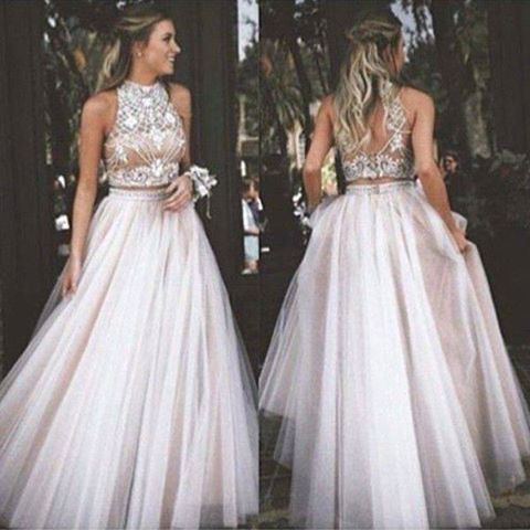 High Collar Two Piece Tulle Evening Dress with Beading A-Line Halter Long Prom Dress_3
