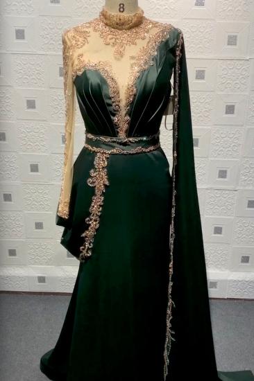 Luxury One Shoulder Floor V Neck Dark Green Satin Evening Dress Long Sleeve Crystal Gold Applique Party Dress