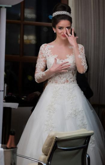 A-Line Elegant Long Sleeve Lace Bridal Gowns V-Neck Sweep Train Plus Size Wedding Dress_1