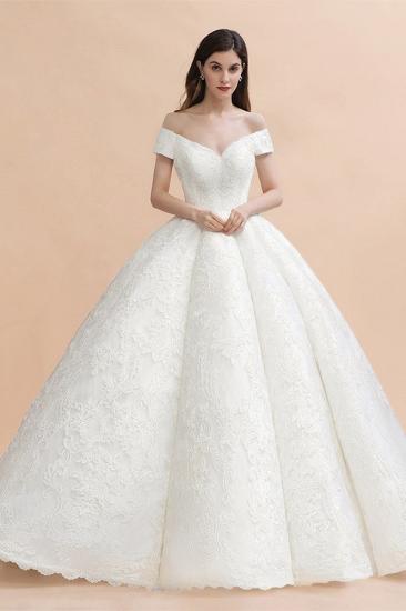 Off Shoulder Floor Length Bridal Gowns Lace Appliques Chapel Train Wedding Dress